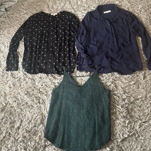 Set of 3 LOFT tops. 2 long sleeve sheer blouses, 1 textured tank top black navy
